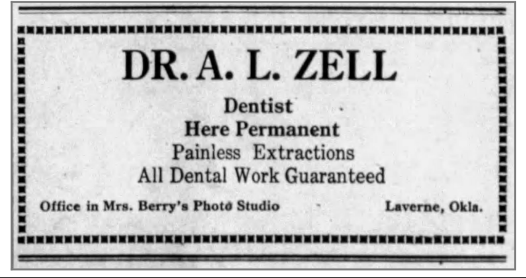 Ad for Dr. A. Zell, dentist, whose office is "located in Mrs. Berry's Photo Studio>"