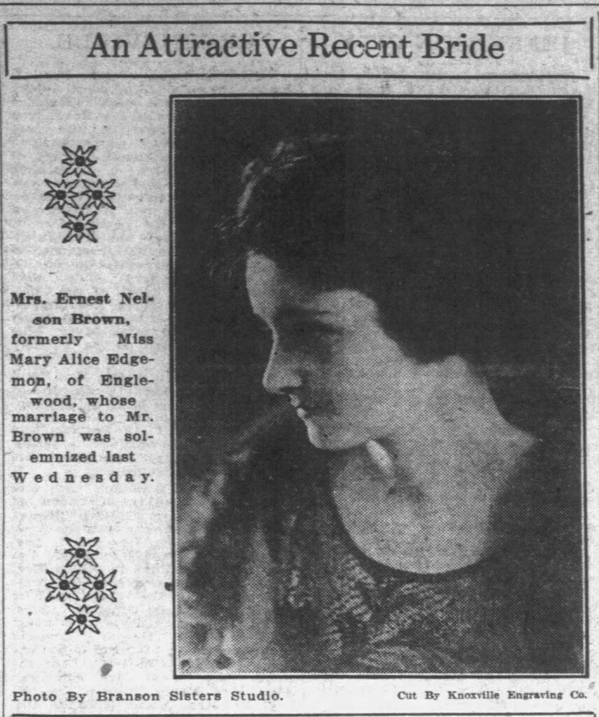 Bridal portrait of Mrs. Ernest Nelson Brown take at the Branson Sisters Studio. The Knoxville Journel and Tribune, November 9, 1924