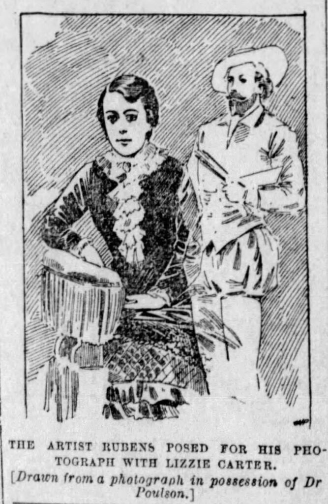 Mrs. Carter with her spirit guide Rubens, sketch from s photograph owner. y Dr. Poulson, San Francisco Examiner, Nov 20, 1893