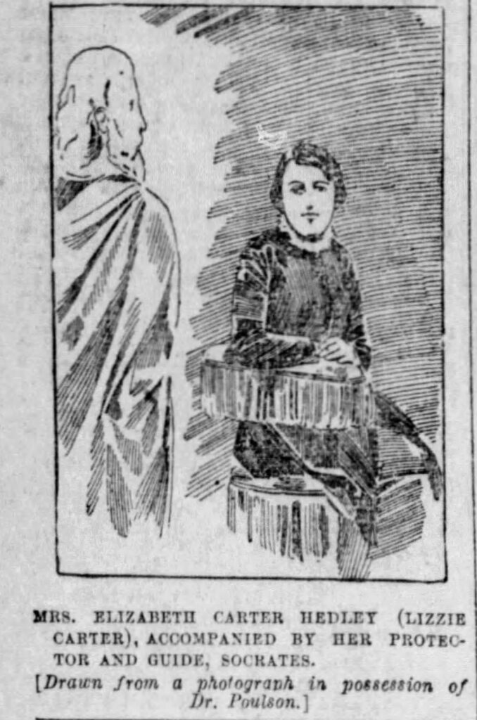 Mrs. Carter with her spirit guide Socretes, sketch from s photograph owner. y Dr. Poulson, San Francisco Examiner, Nov 20, 1893