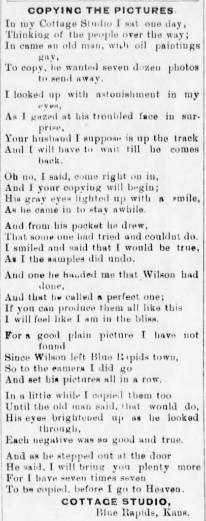 1898 Blue Rapids Times Miller's Cottage Studio ad/poem