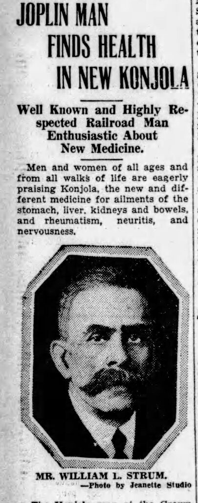 Part of an ad for a patent medicine; the photo of the "satistfied customer" is by Jeanette. Joplin Globe, November 13, 1930
