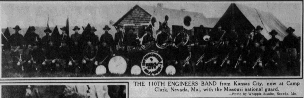 Photo of the 110th Engineers Band from Kansas City, not at Camp Clark, Nevada, Missouri with the Missouri National Guard. Photo by Whipple Studio of Nevada, Missouri. Kansas City Journal, August 20, 1932