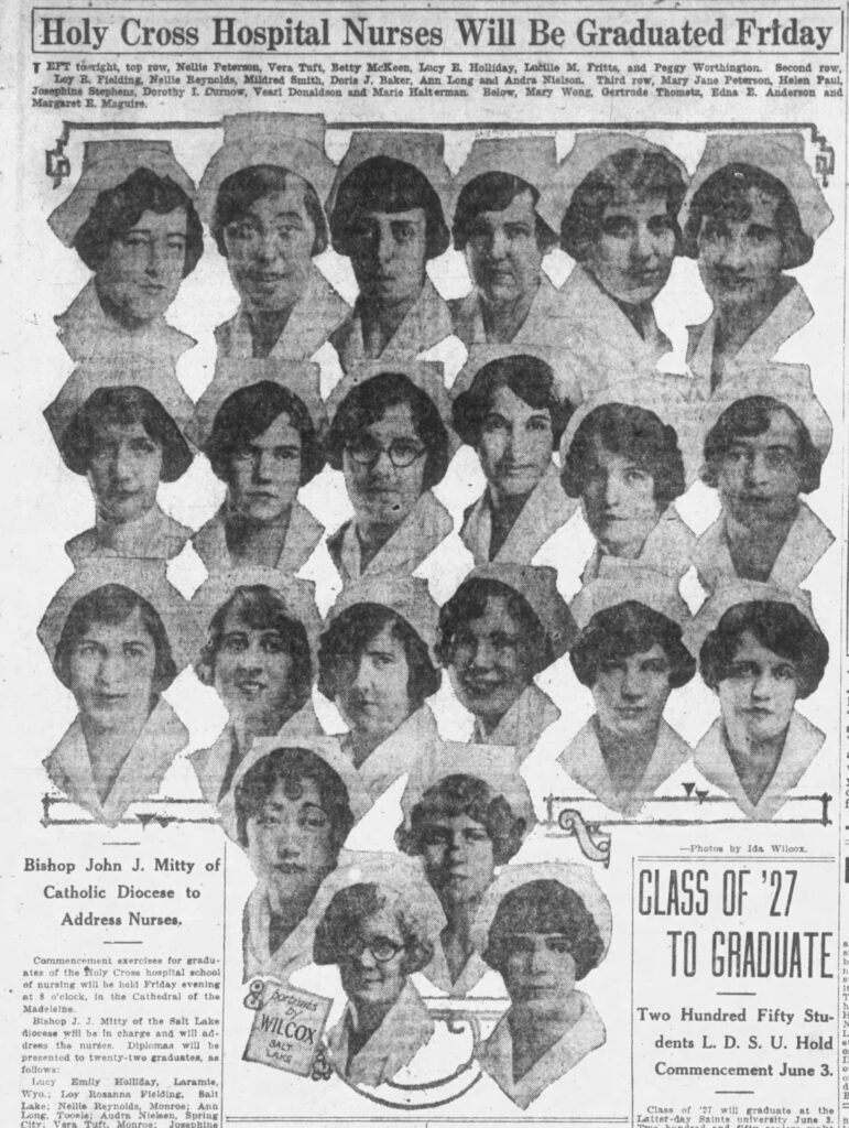 Photo by Ida Wilcox of graduating class of Holy Cross Hospital nurses. The Salt Lake Tribune, May 22, 1927