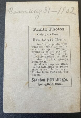 Back of Stanton Studio cabinet card.