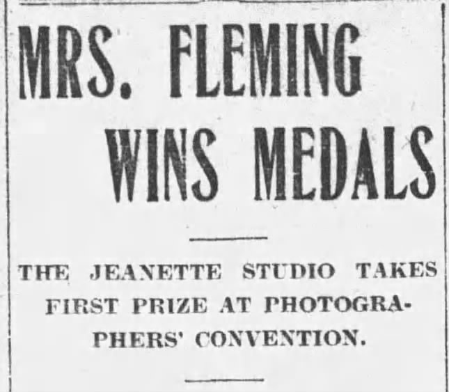 Headline on article about Mrs Fleming winning awards for her photos. Joplin Daily Globe, June 23, 1906
