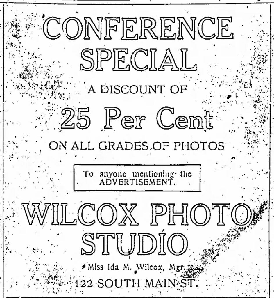 1918 ad for Ida Wilox studio, offering discounts to "conference goers". Salt Lake Telegram, September 30, 1918