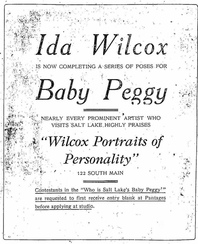 Wilcos studio ad for the Baby Peggy Contest. Salt Lake Telegram, October 5, 1924