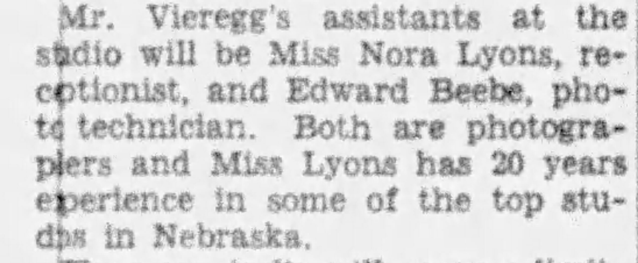 Snippet of article about the Vieregg studio opening and Nora Lyons working there. The Grand Island Independent, October 12, 1949