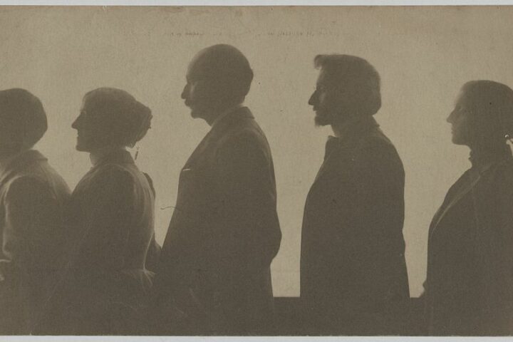 Group portrait of photographic salon jury members in profile facing left, including, left to right, Clarence H. White, Gertrude Käsebier, Henry Troth, F. Holland Day, and Frances Benjamin Johnston.1 899 photo by Eva Watson Schütze (1867-1935)